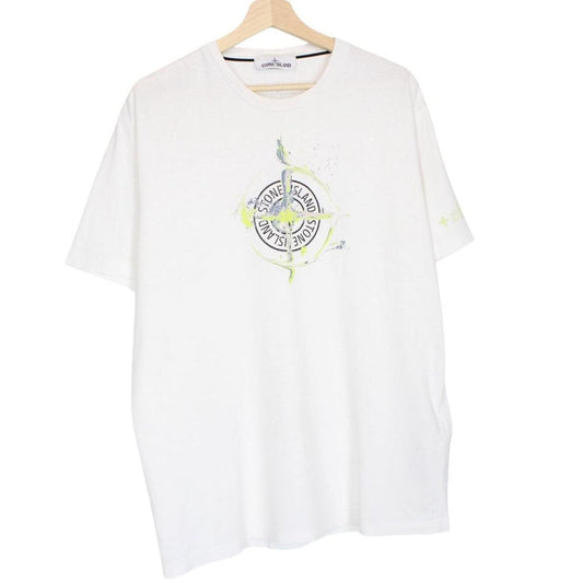 Stone Island white short sleeve cotton t-shirt with logo print and pocket detail.