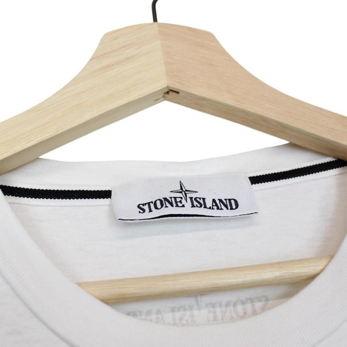 Stone Island white short sleeve cotton t-shirt with logo print and pocket detail.
