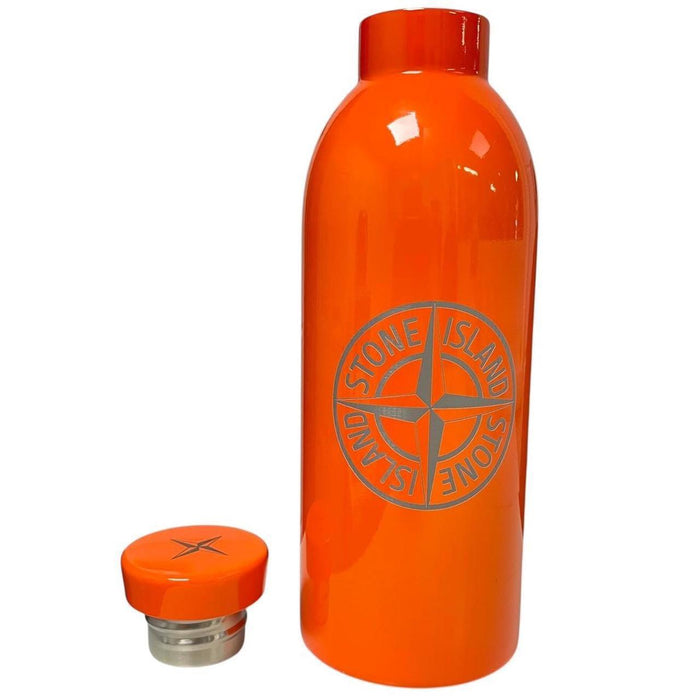 Stone Island orange stainless steel heat reactive flask with logo and original box.