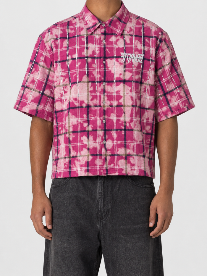 STORM88 IKARI Premium Washed Flannel Crop Top Button Down Shirt In Pink ST8-003