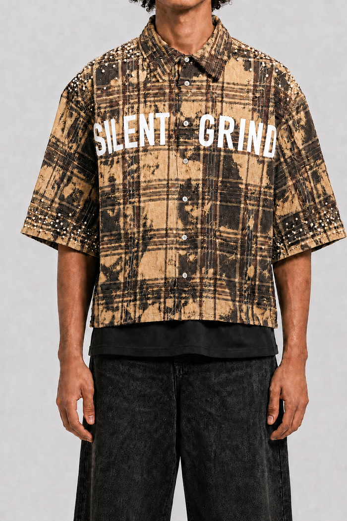 STORM88 KATO Washed Flannel Crop Top Button Down Shirt In Brown ST8-011