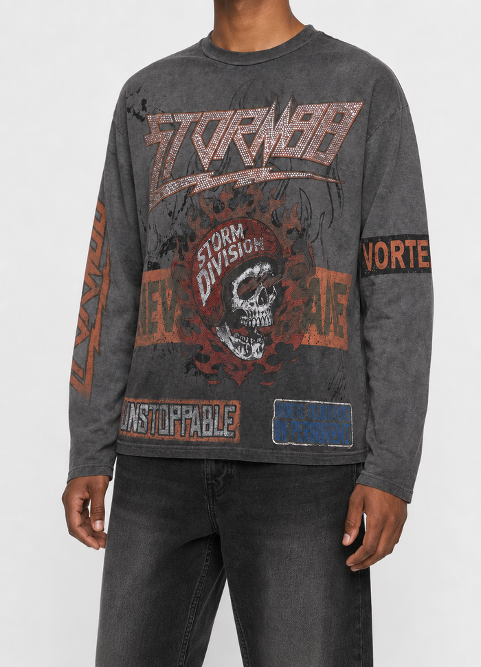 STORM88 LAGO Washed Long Sleeve Regular Graphic Fit Tee In Grey ST8-023