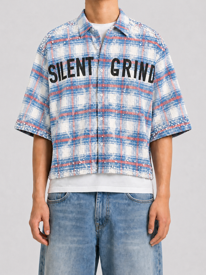 STORM88 RONIN Washed Flannel Crop Top Button Down Shirt In Blue ST8-011