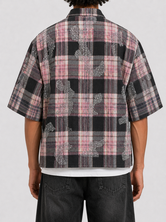 STORM88 SKIDOO Washed Flannel Crop Top Button Down Shirt In Black ST8-004