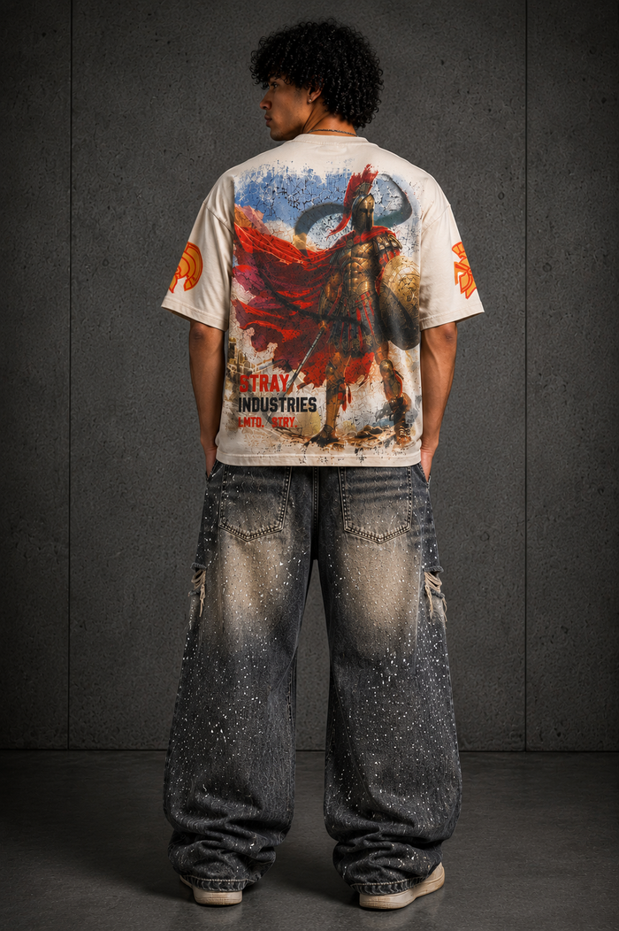 Stray Warrior cropped T-shirt in sand color, featuring a casual fit with short sleeves and a crew neckline.