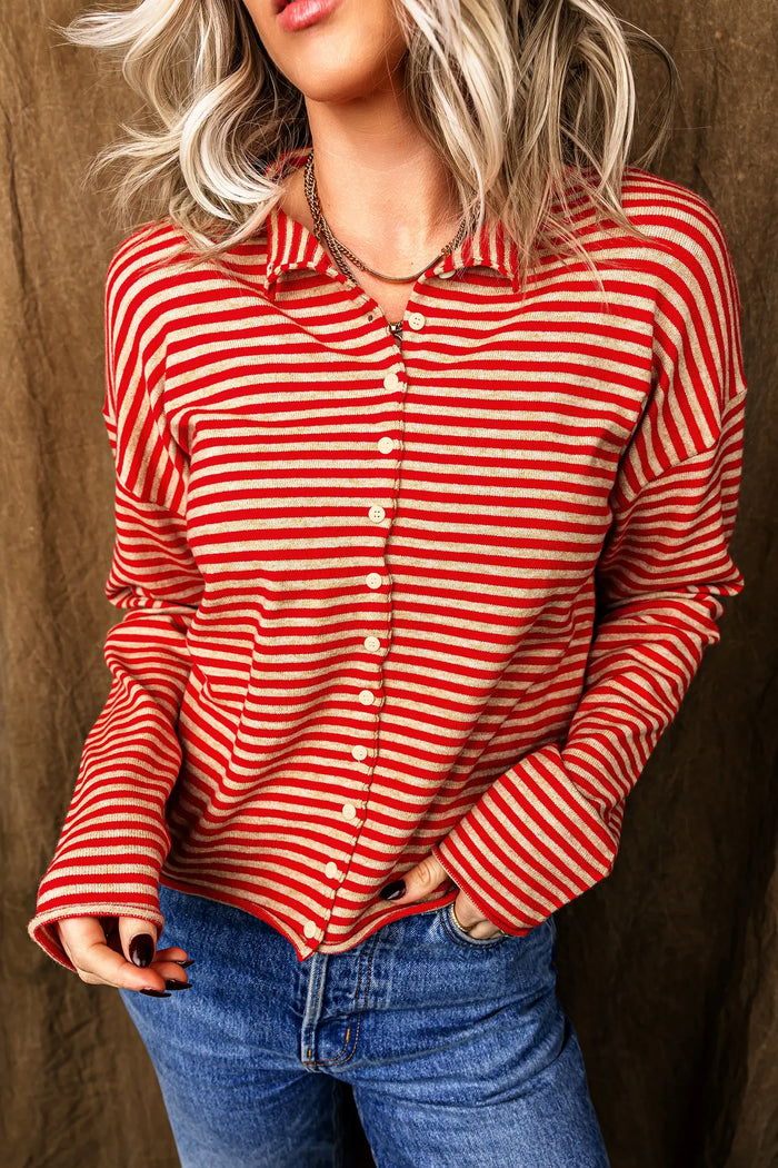 Striped Button Collar Long Sleeve Knit Cardigan – Red Stripe