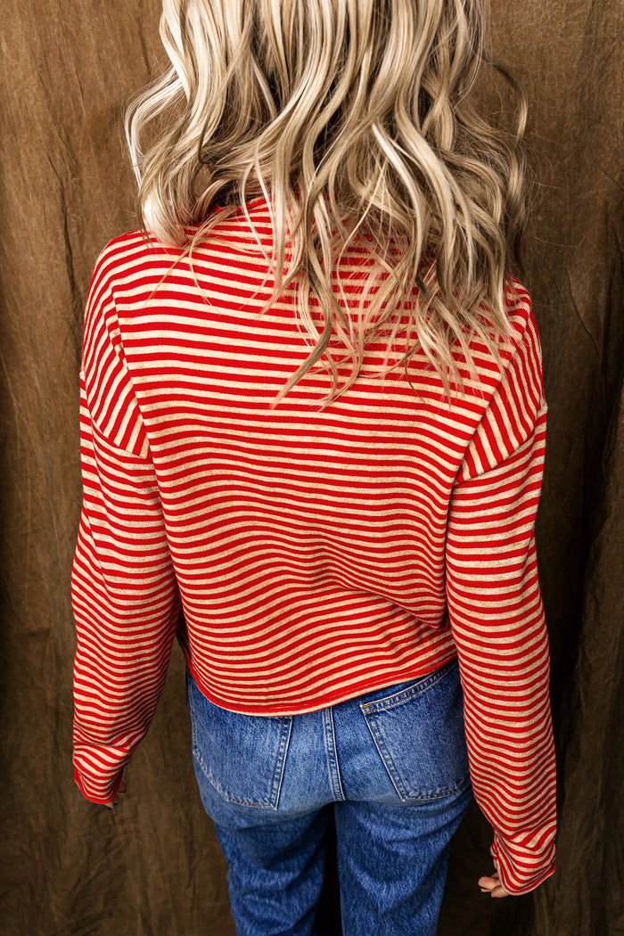 Striped Button Collar Long Sleeve Knit Cardigan – Red Stripe