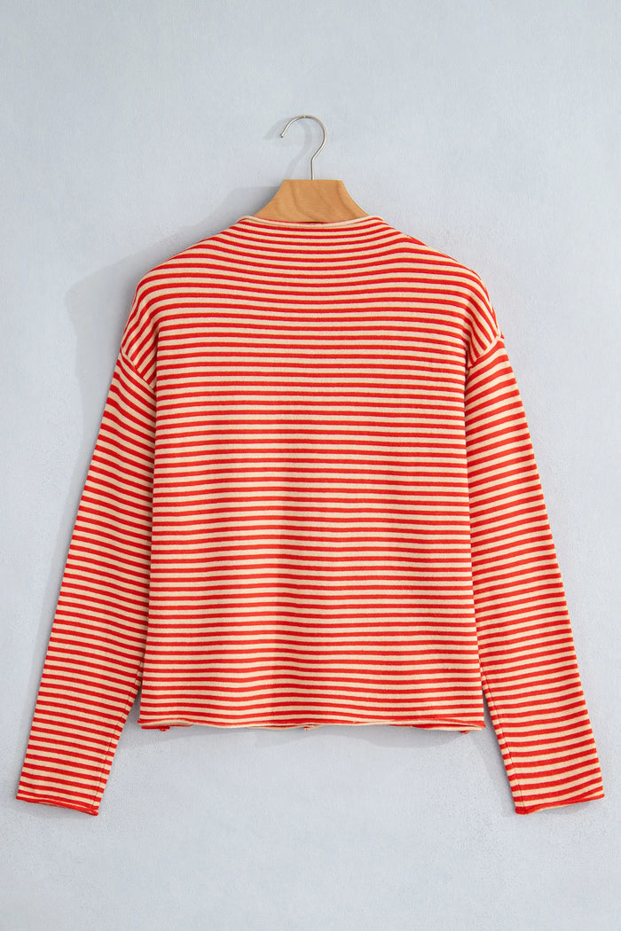 Striped Button Collar Long Sleeve Knit Cardigan – Red Stripe