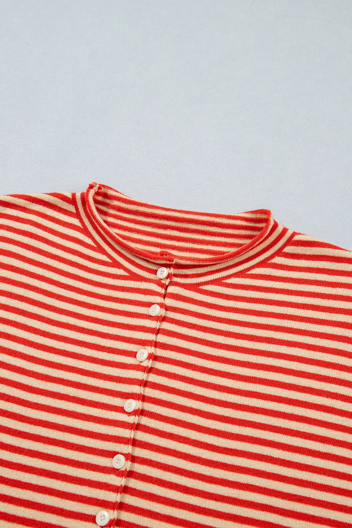 Striped Button Collar Long Sleeve Knit Cardigan – Red Stripe