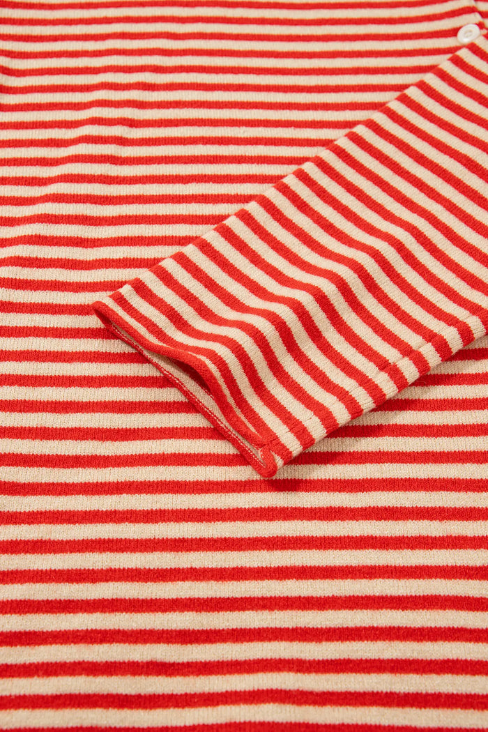 Striped Button Collar Long Sleeve Knit Cardigan – Red Stripe