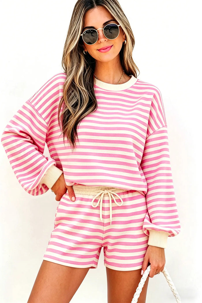 Striped Long Sleeve Crew Neck Drawstring Waist Shorts Set – Pink