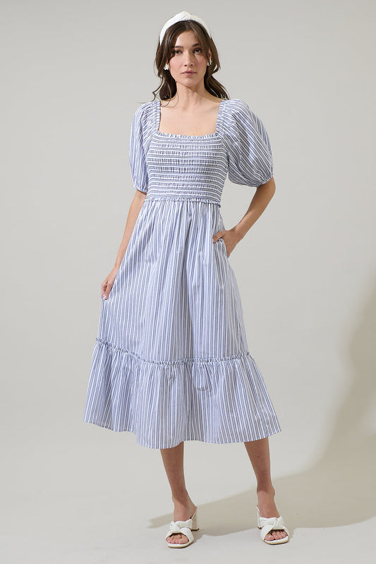 Suri Striped Viray Smocked Midi Dress