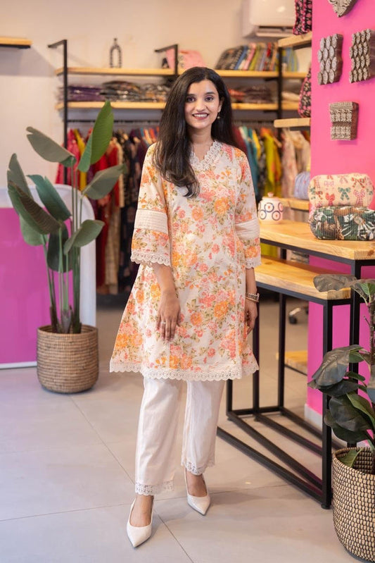 Sushra Lace Detailed Coord Set- Peachy