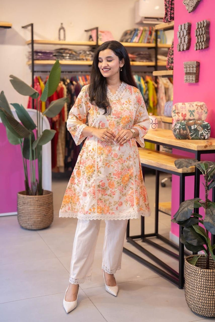 Sushra Lace Detailed Coord Set- Peachy