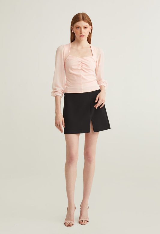 Sweetheart Cinched Waist Long Sleeves Top