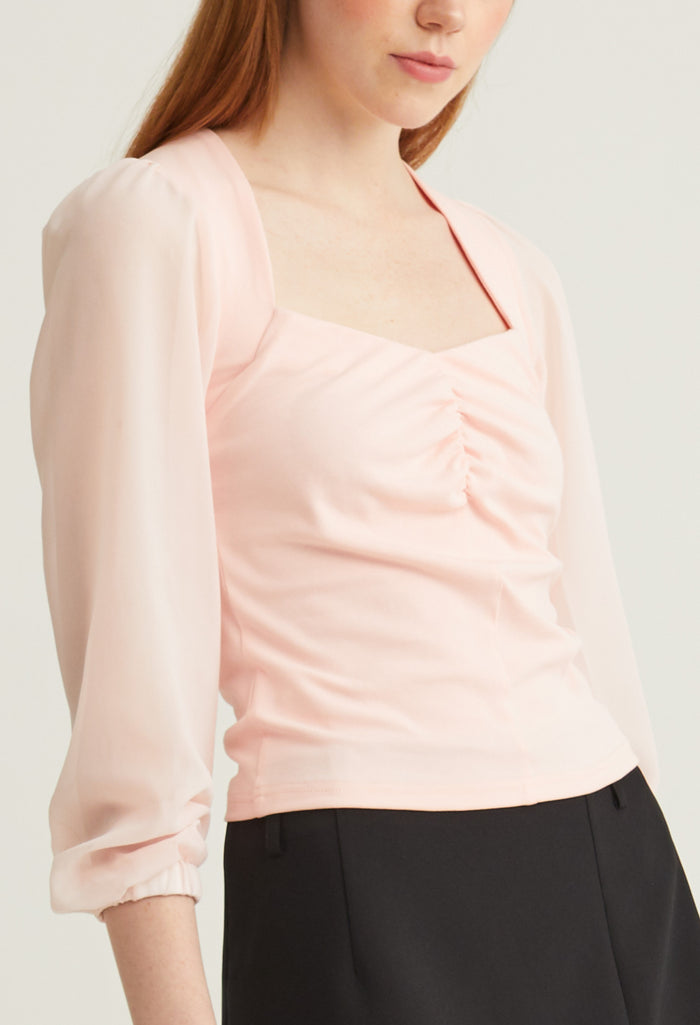 Sweetheart Cinched Waist Long Sleeves Top