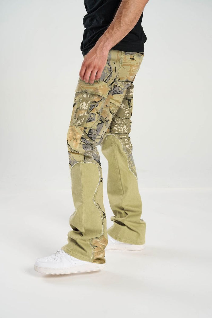 Taker Camo Cut Sew Cargo Stack Denim in gray camo, stacked denim style with cargo pockets and distressed details.