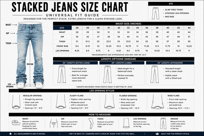 Stacked Taker Raw Fabric Stack Denim jeans in raw indigo with size chart display, showcasing the denim's texture and color.