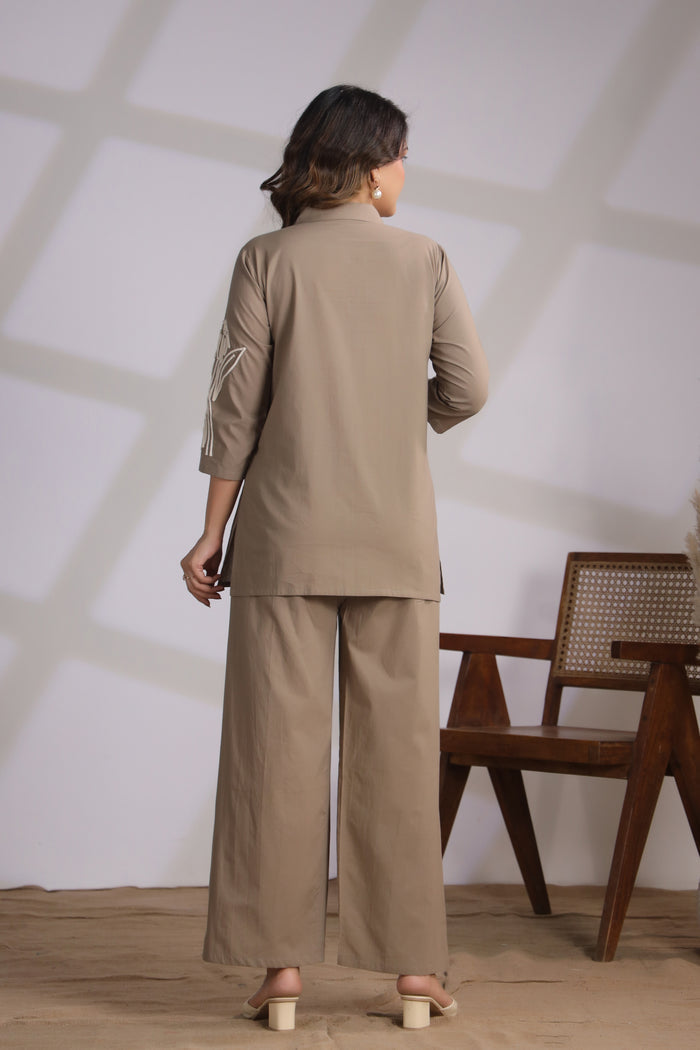 Taupe Set with Floral Embroidery Cotton Co-ord Set