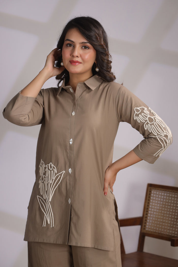 Taupe Set with Floral Embroidery Cotton Co-ord Set
