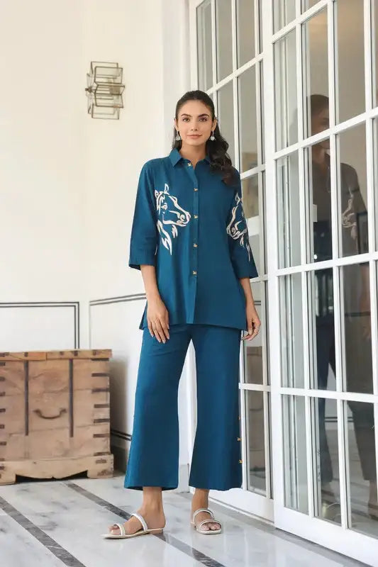 Teal Blue Horse Embroidered Cotton Flex Co-ord Set