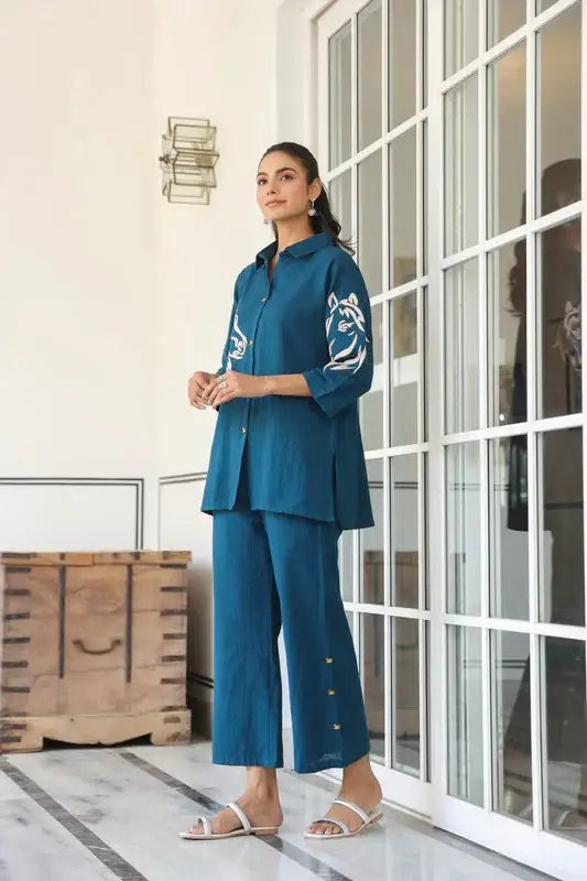 Teal Blue Horse Embroidered Cotton Flex Co-ord Set