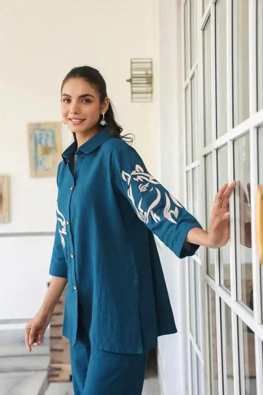 Teal Blue Horse Embroidered Cotton Flex Co-ord Set