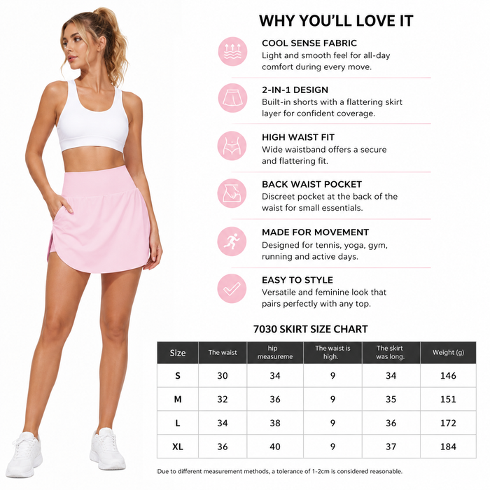 High waist tennis skirt women side view highlighting the fitted silhouette, two-piece culotte look and practical back pocket.