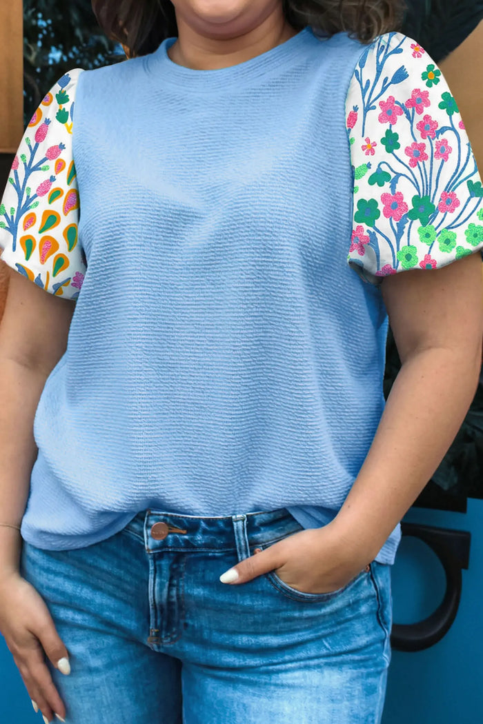 Textured Bodice Contrast Floral Sleeve Plus Size Top – Light Blue