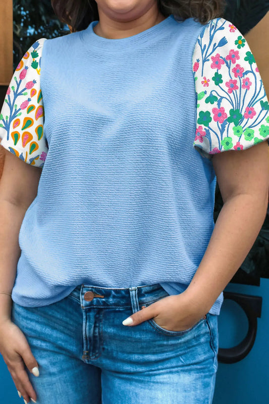 Textured Bodice Contrast Floral Sleeve Plus Size Top – Light Blue