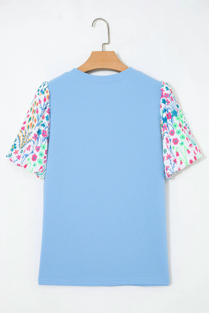 Textured Bodice Contrast Floral Sleeve Plus Size Top – Light Blue