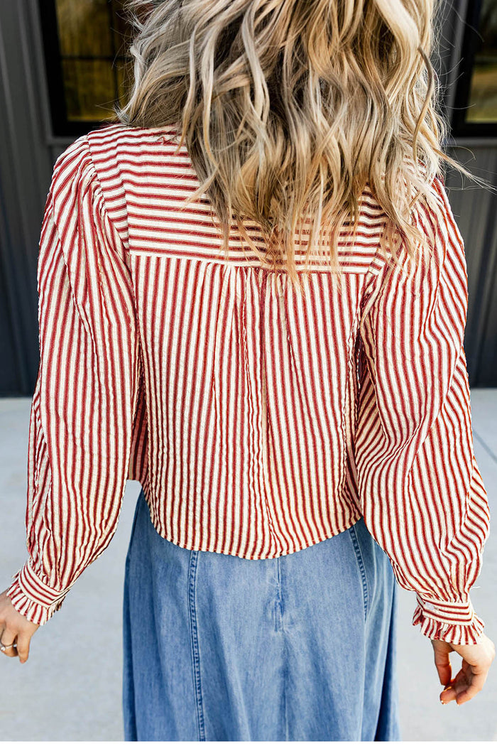 Textured Ruffle Trim Button-Up Long Sleeve Shirt – Red Stripe