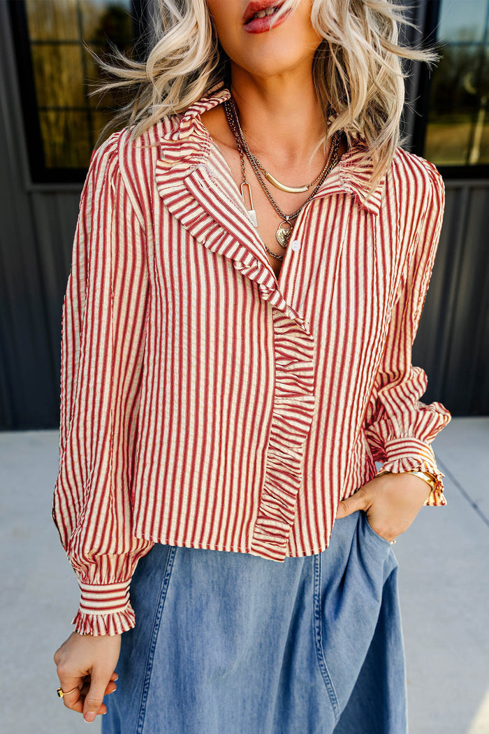 Textured Ruffle Trim Button-Up Long Sleeve Shirt – Red Stripe