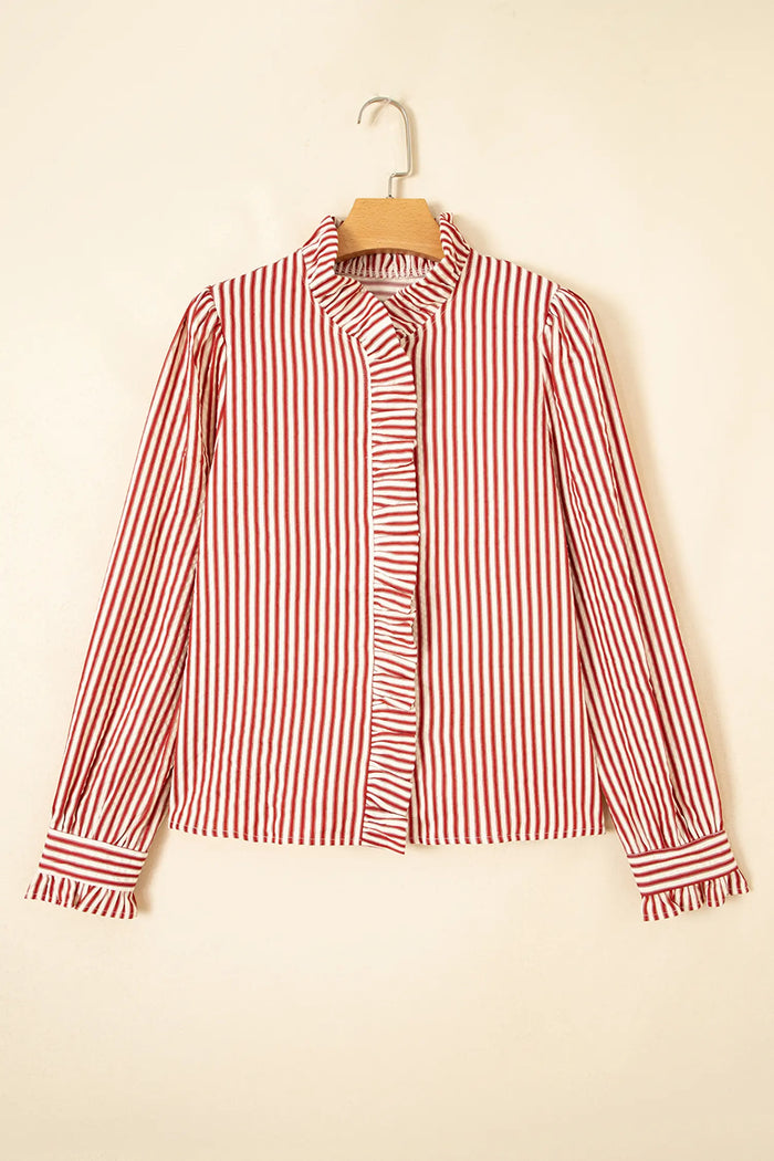 Textured Ruffle Trim Button-Up Long Sleeve Shirt – Red Stripe