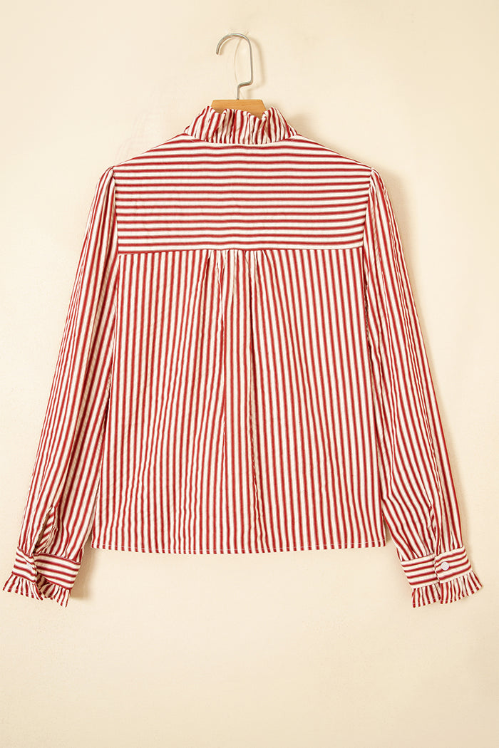 Textured Ruffle Trim Button-Up Long Sleeve Shirt – Red Stripe