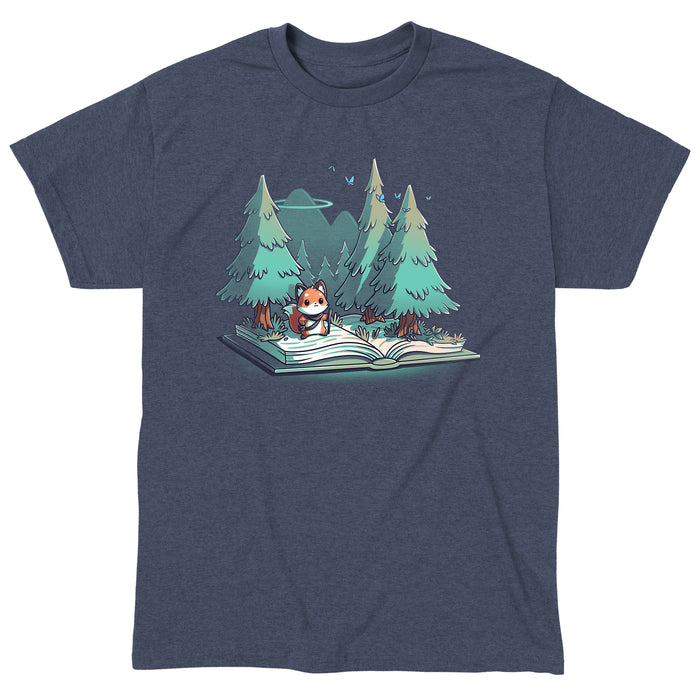 Classic Cotton T-shirt_TeeTurtle  Adventurer's Tale Heather Navy t-shirt features an enchanting illustration of a fox standing on an open book transformed into a forest, with trees and mountains in the background.