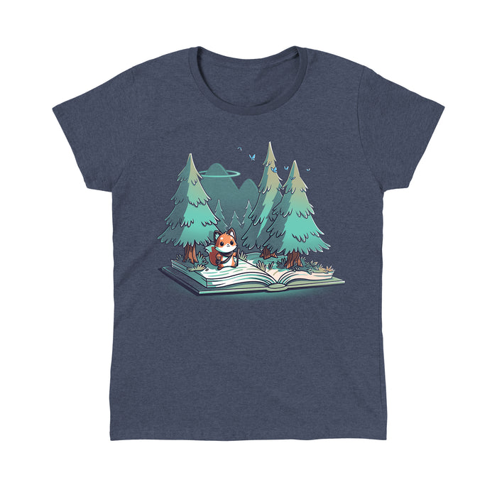 Classic Cotton T-shirt_TeeTurtle  Adventurer's Tale Heather Navy t-shirt features an enchanting illustration of a fox standing on an open book transformed into a forest, with trees and mountains in the background.