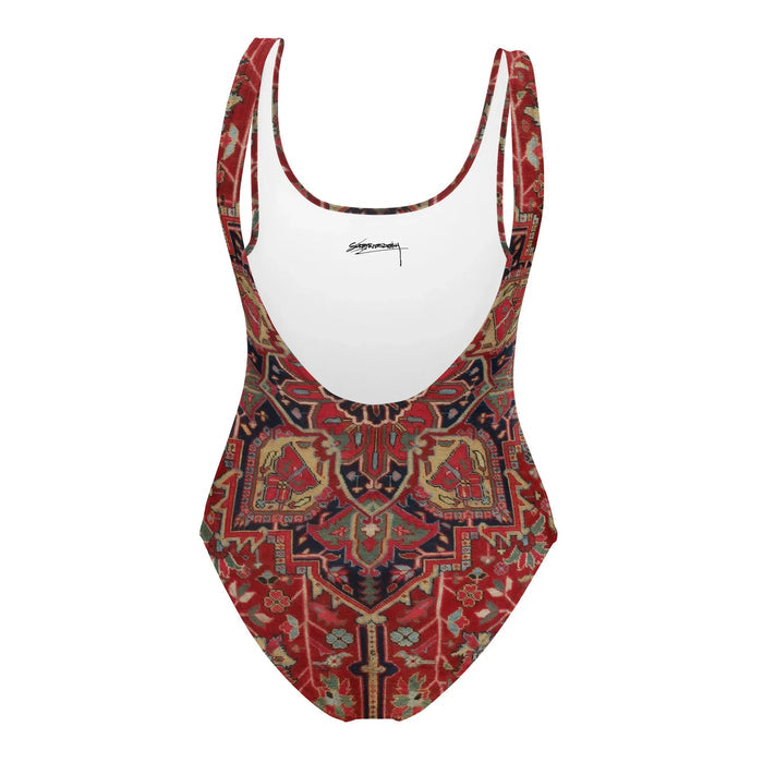 The Dudes Rug One-Piece Swimsuit in Antique Crimson Tapestry. OEKO-TEX® 100, REACH Compliant, Zero-Wastewater Printing.