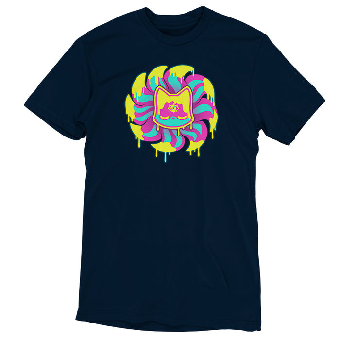 Premium Cotton T-shirt_TeeTurtle Third Eye Kitsune navy blue t-shirt featuring a cat's face with wavy, swirling pattern.