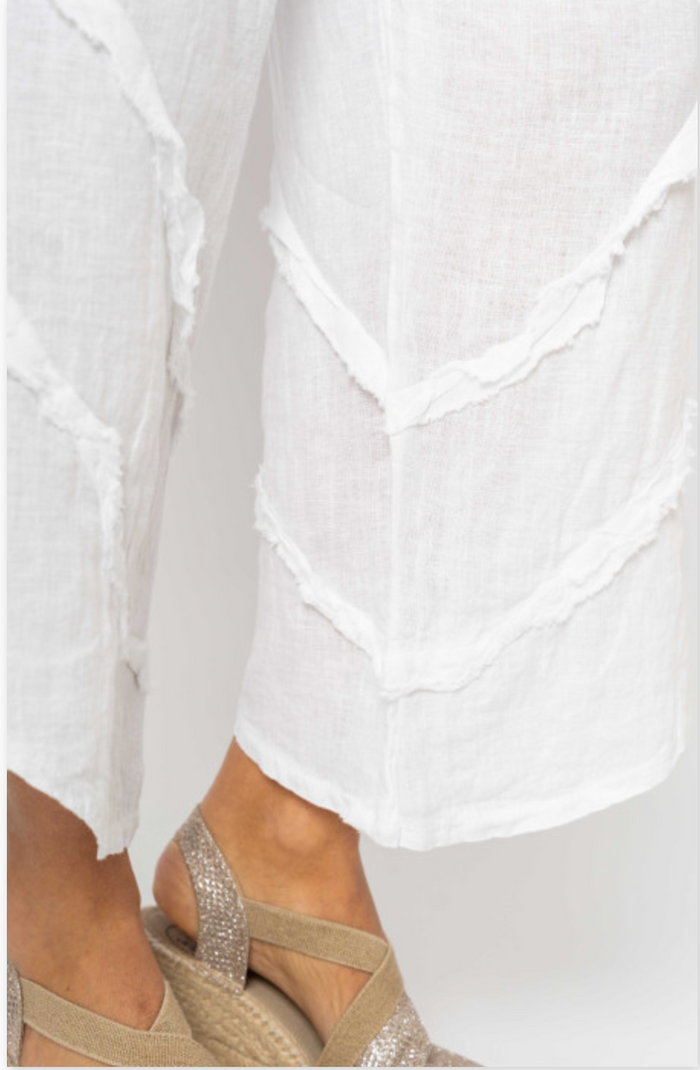 Close detail shot of fray ruffle on leg of Tia pants