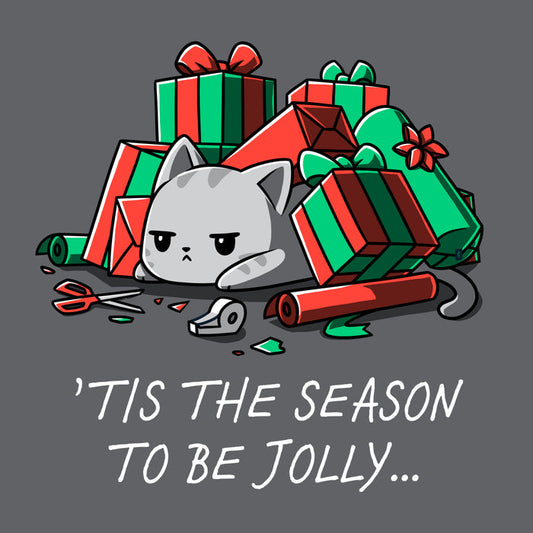 Premium Cotton T-shirt_TeeTurtle Tis The Season To Be Jolly charcoal grey t-shirt featuring a cat among unwrapped gifts, wrapping paper, ribbon, and scissors.