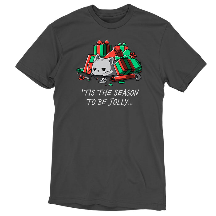 Premium Cotton T-shirt_TeeTurtle Tis The Season To Be Jolly charcoal grey t-shirt featuring a cat among unwrapped gifts, wrapping paper, ribbon, and scissors.