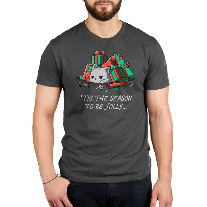 Premium Cotton T-shirt_TeeTurtle Tis The Season To Be Jolly charcoal grey t-shirt featuring a cat among unwrapped gifts, wrapping paper, ribbon, and scissors.