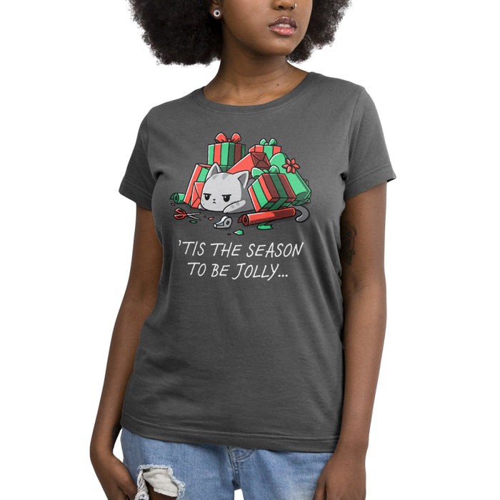 Premium Cotton T-shirt_TeeTurtle Tis The Season To Be Jolly charcoal grey t-shirt featuring a cat among unwrapped gifts, wrapping paper, ribbon, and scissors.