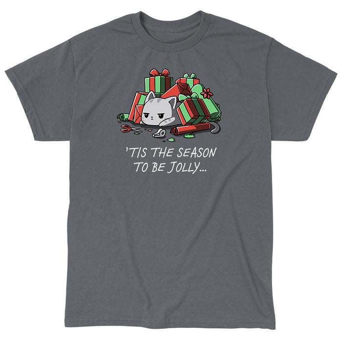 Classic Cotton T-shirt_TeeTurtle Tis The Season To Be Jolly charcoal grey t-shirt featuring a cat among unwrapped gifts, wrapping paper, ribbon, and scissors.