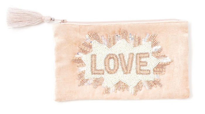 Two's Company Hand Beaded Velvet Zipper Pouch