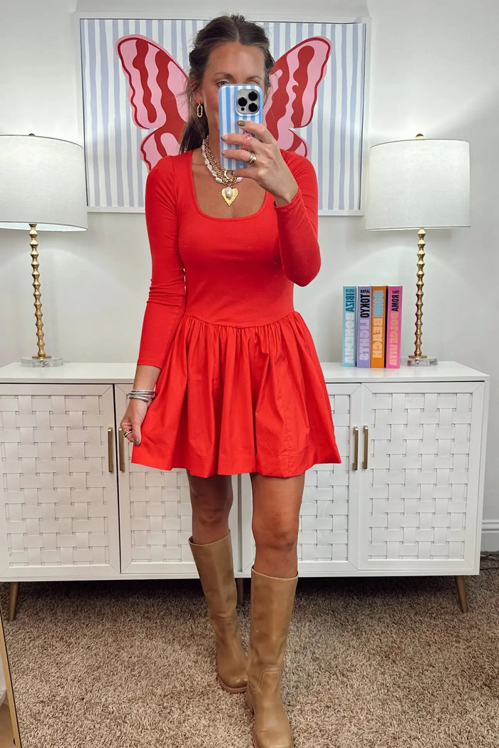 U Neck Long Sleeve Fit and Flare Short Dress – Fiery Red