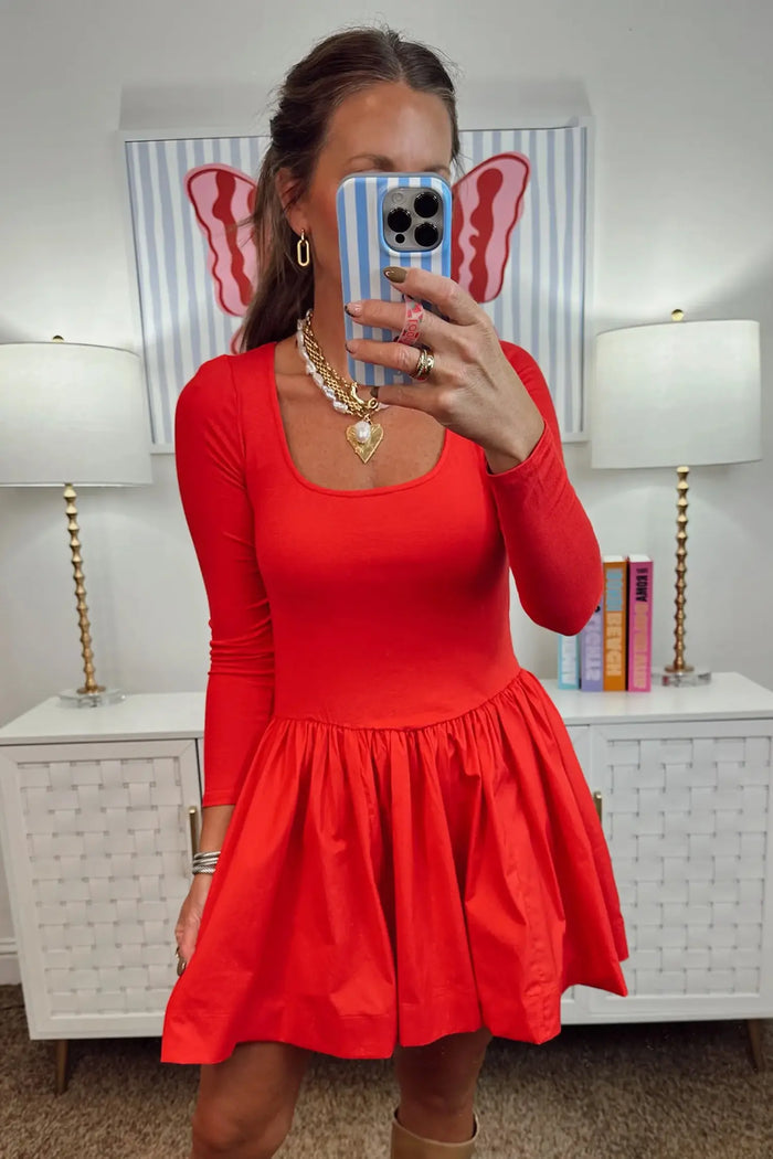 U Neck Long Sleeve Fit and Flare Short Dress – Fiery Red
