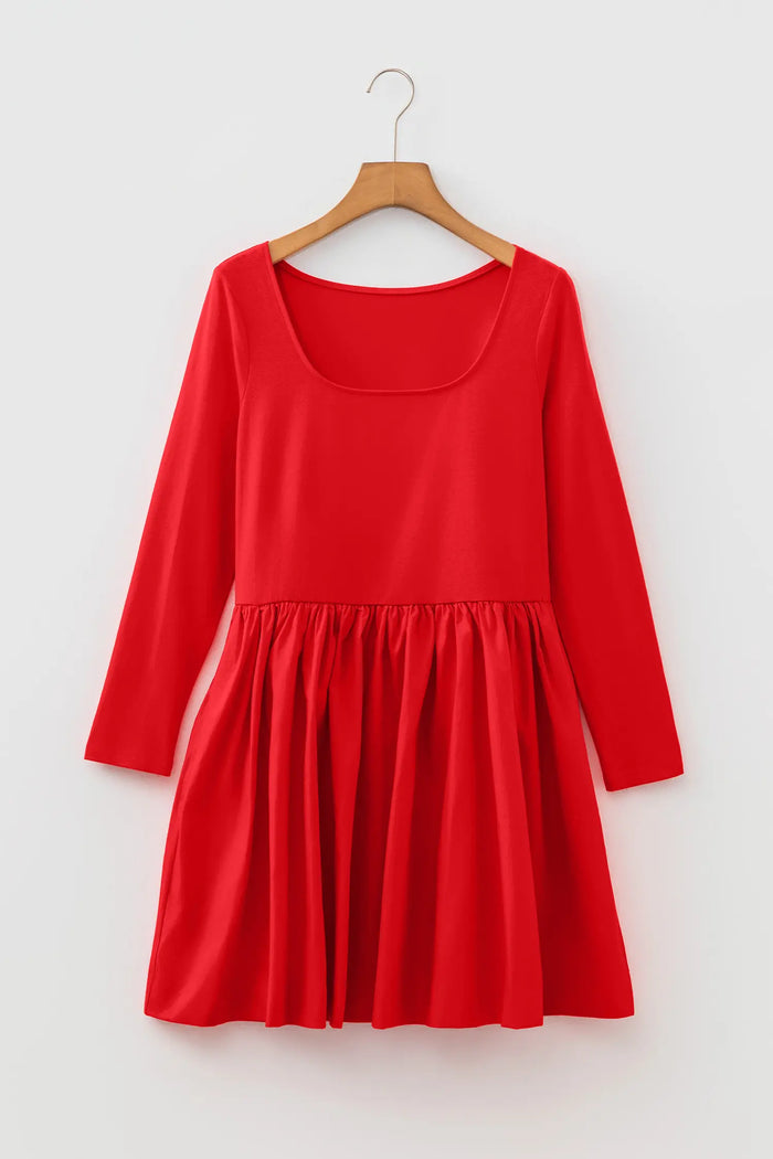U Neck Long Sleeve Fit and Flare Short Dress – Fiery Red