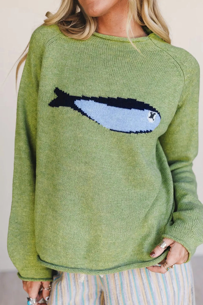 Unique Fish Knit Oversized Round Neck Sweater – Meadow Mist Green